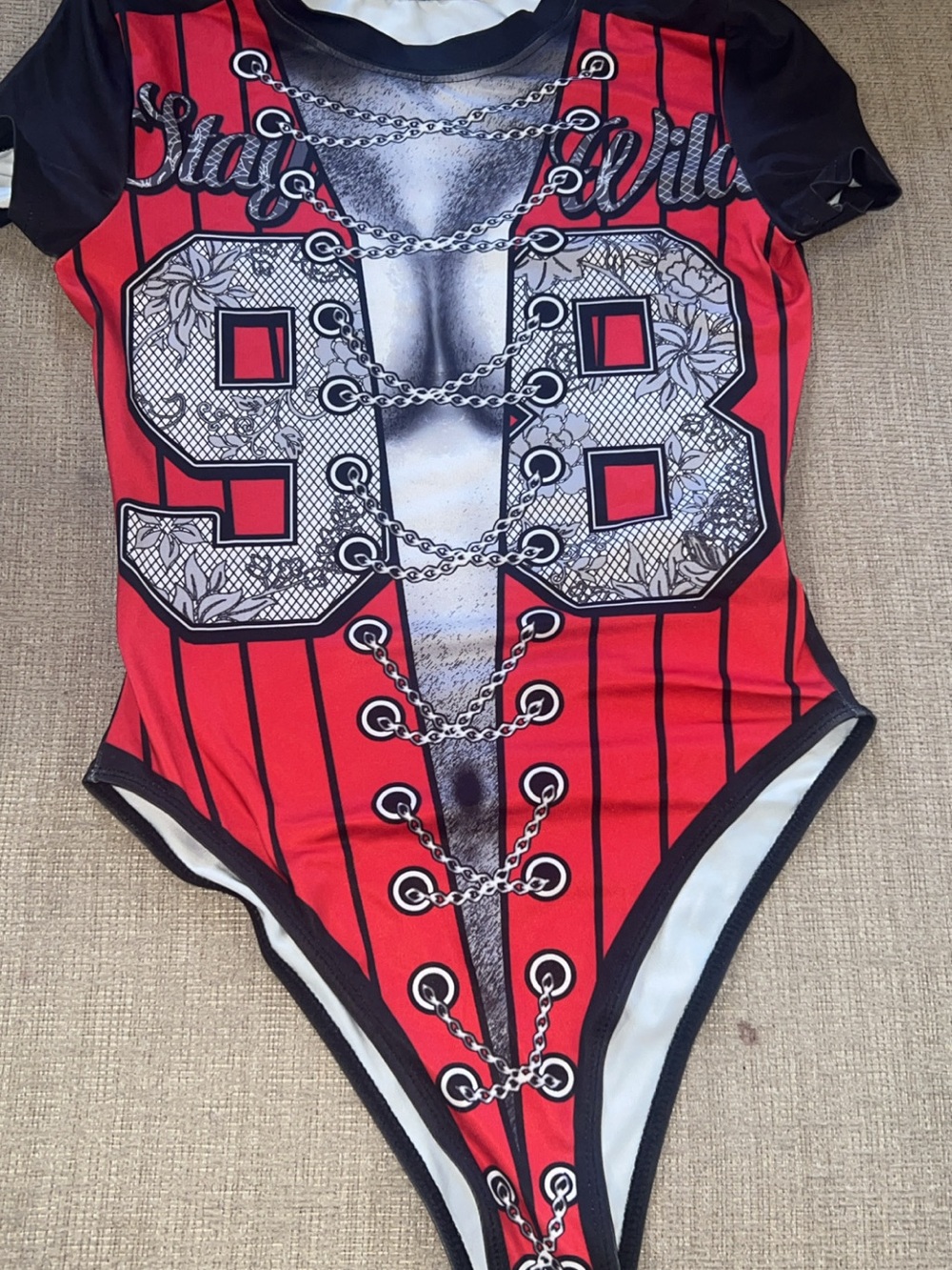 SHEIN Red and Black Graphic '98' One-Piece Bodysuit